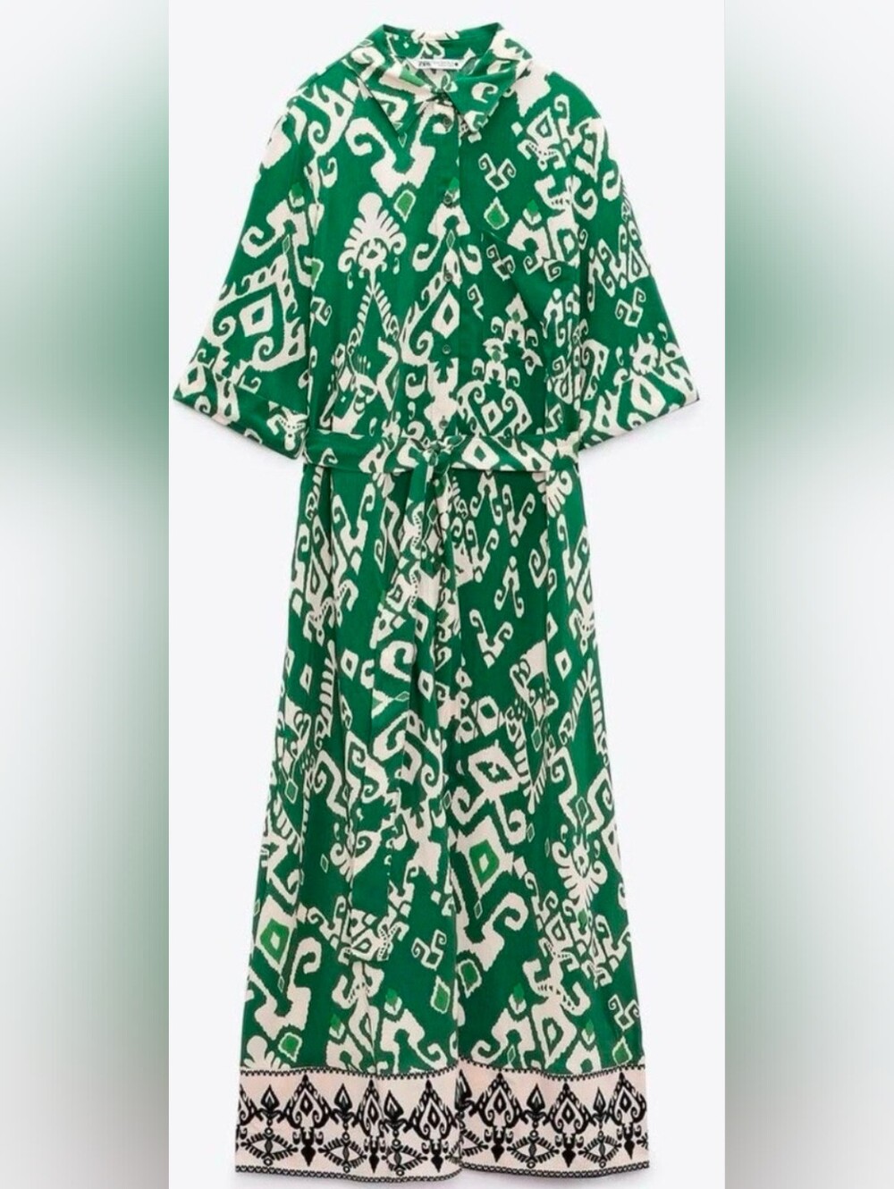 Size Small Zara Long Green Maxi Dress ikat Pattern
